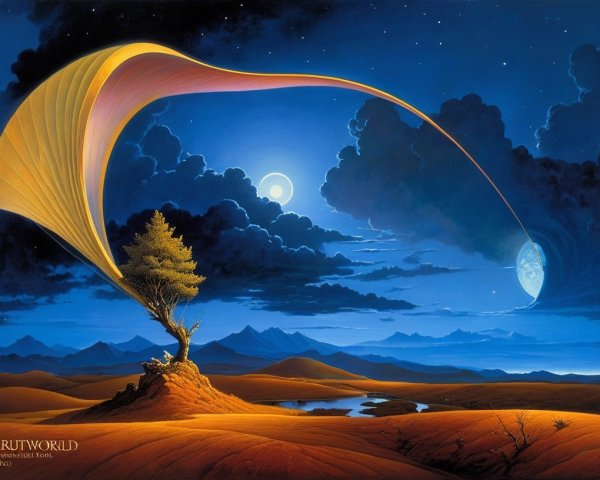 Surreal Landscape with Tree, Moons, and Reflective Water