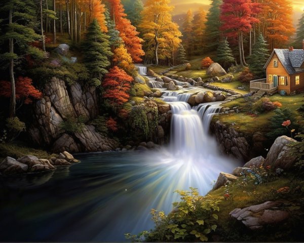 Autumn Landscape with Cabin and Waterfall Serenity