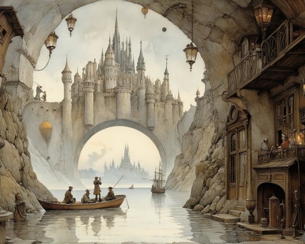 Serene Waterway with Castle and Hot Air Balloons