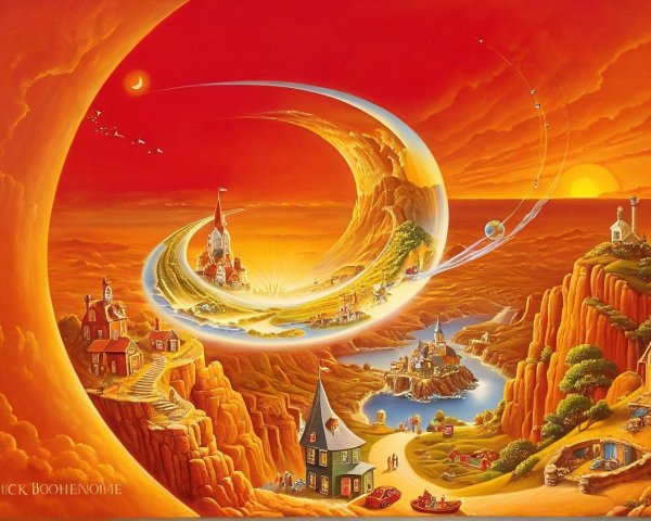 Surreal Landscape with Whimsical Towns and Celestial Body