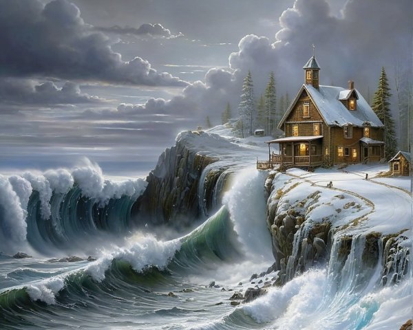 Winter Landscape with Cozy House and Turbulent Waves