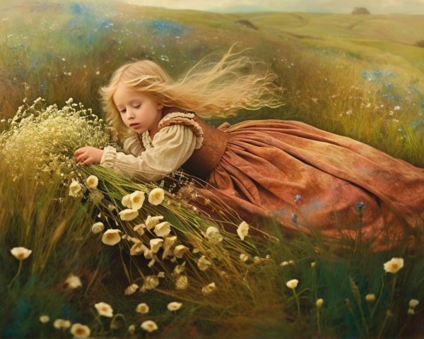 Young girl in vintage dress among wildflowers in meadow