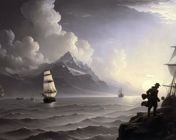 Serene Maritime Scene with Ships and Mountains