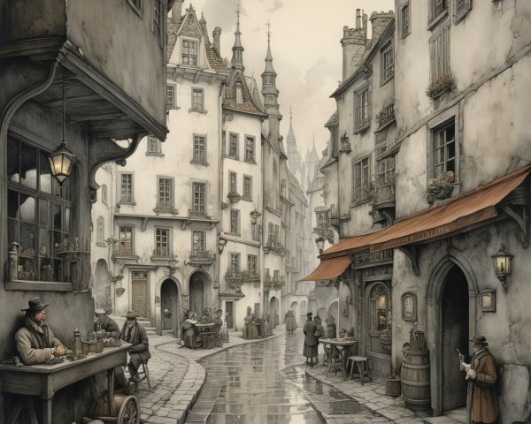 Old-world street scene with cobblestone alleys and shops
