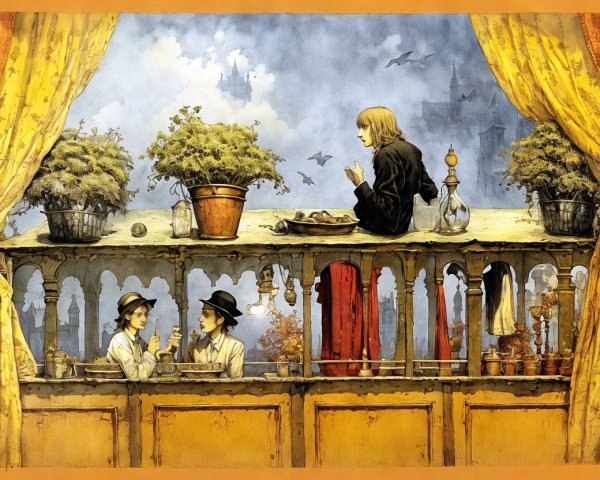 Whimsical Scene with Characters and Fantasy Elements