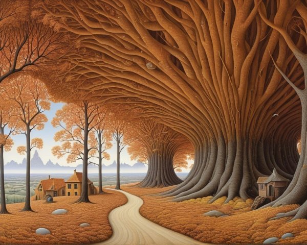 Enchanting Forest Path with Quaint Houses and Mountains