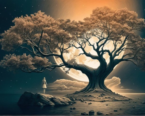 Solitary Figure on Shore Under Glowing Moon and Tree