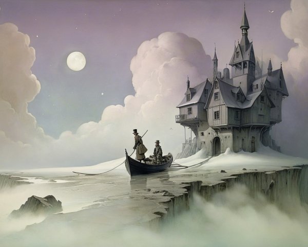 Dark Castle on Cliff with Foggy Waters and Moonlight