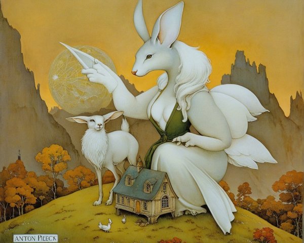 Whimsical Scene of Rabbit-Woman and Enchanted Landscape