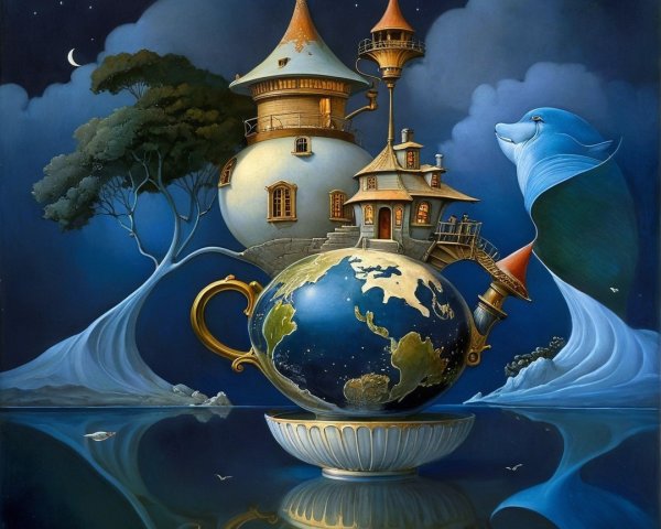 Whimsical Teapot Shaped Like Earth in Surreal Landscape