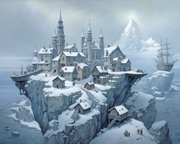 Winter Landscape with Castle and Snowy Mountains