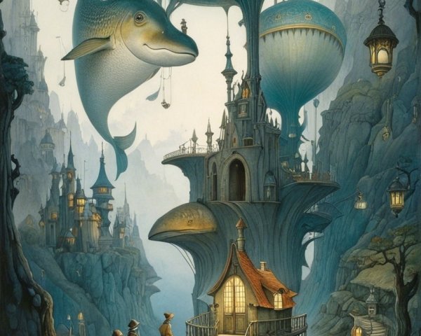 Surreal Landscape with Floating Islands and Balloons