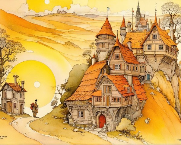 Whimsical Fairy-Tale Village on a Hilltop Landscape