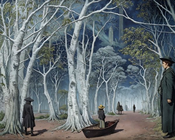 Surreal Landscape with Ghostly Trees and Dark Figures