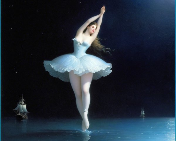 Ballerina Dancing on Moonlit Sea with Ships Silhouetted