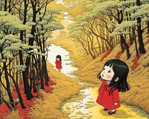 Woodland Scene with Two Girls in Red Coats