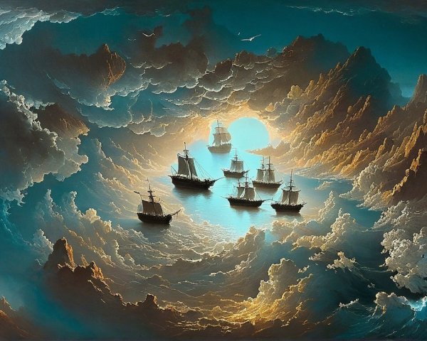 Tranquil Seascape with Ships and Dramatic Sky