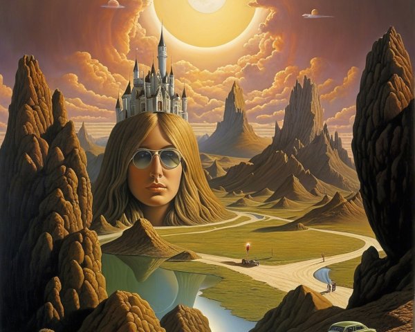 Surreal Landscape with Giant Face and Castle Elements