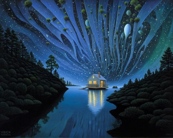 Solitary House on Water Under Starry Night Sky