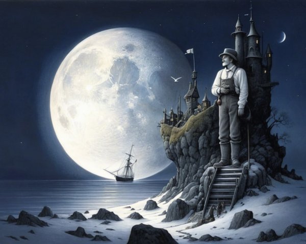 Lone figure on rocky outcrop under a luminous moon