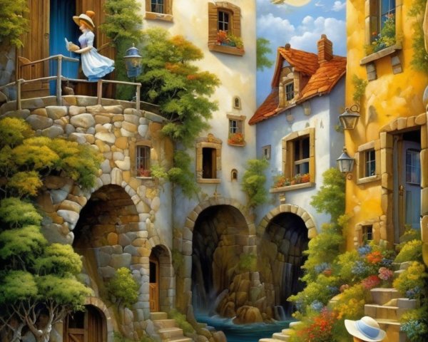 Charming Village Scene with Stone Buildings and Stream