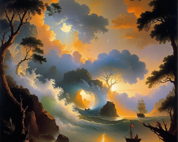 Twilight Seascape with Waves and Sailing Ships