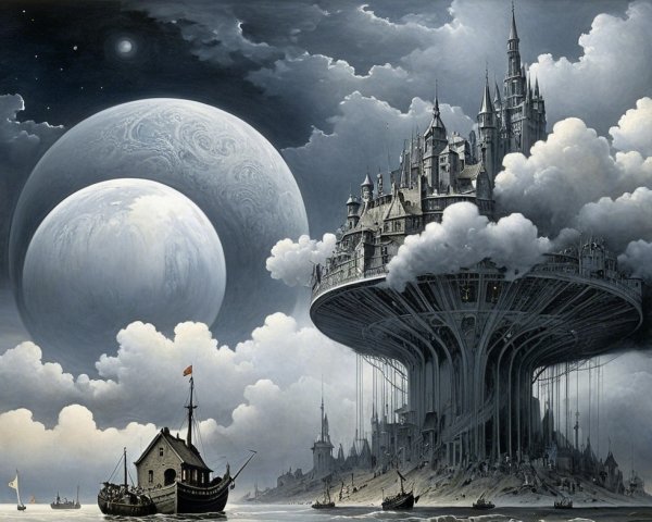 Surreal Landscape with Castle and Cosmic Planets