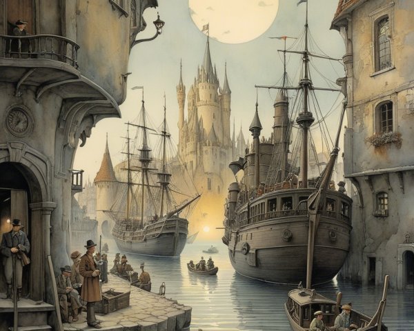 Serene Harbor Scene with Castles at Sunset