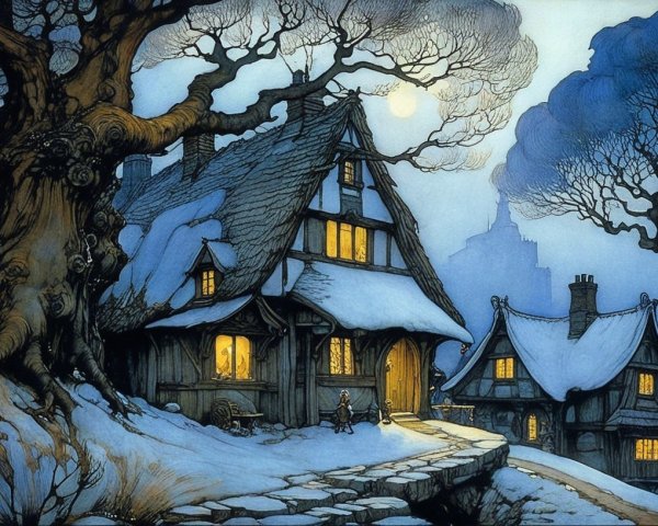 Snow-Covered Village Scene with Thatched Cottage