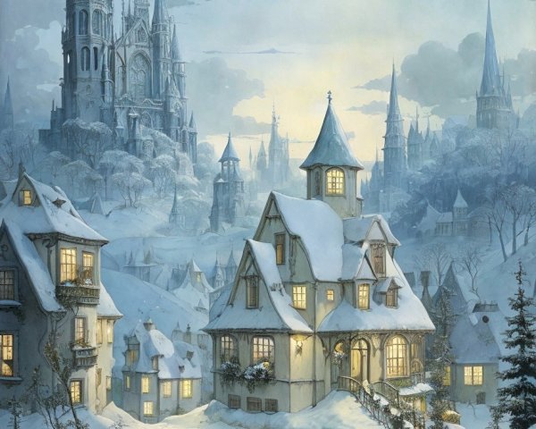 Winter Landscape with Quaint Village and Castles