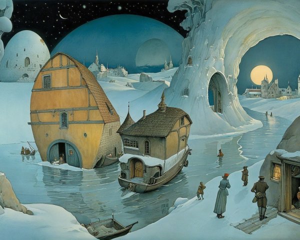 Whimsical Winter Landscape with Unique Structures