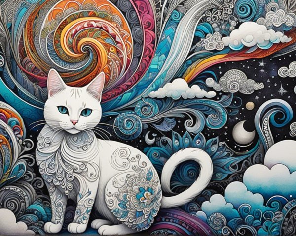 Whimsical Illustration of a Colorful White Cat
