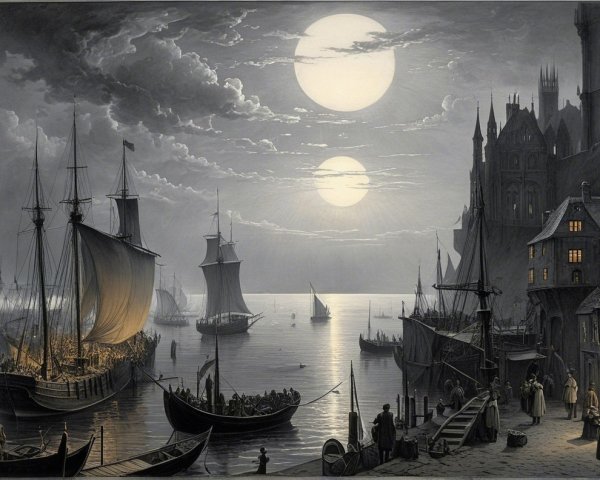 Serene Harbor Scene at Dusk with Two Moons