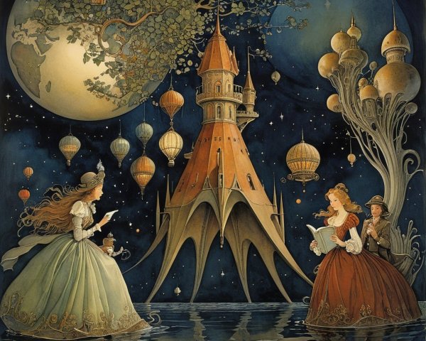 Whimsical Castle Scene Under Starry Night Sky