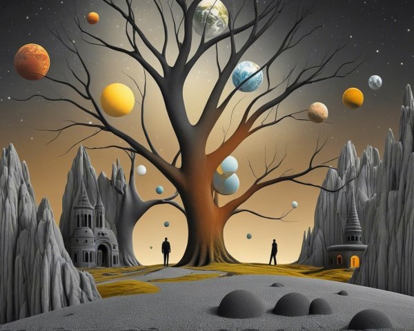 Surreal Landscape with Barren Tree and Cosmic Elements