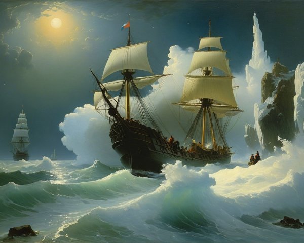Tall Ship Navigating Turbulent Waters Under Moonlight