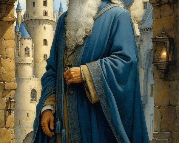 Wise Man in Blue Robe at Majestic Castle Archway
