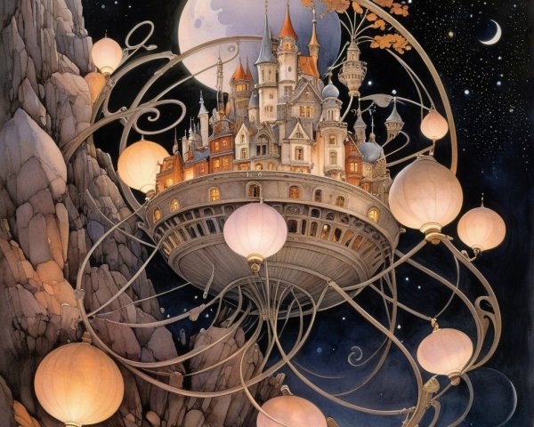 Whimsical Floating Castle Above Rocky Terrain at Night