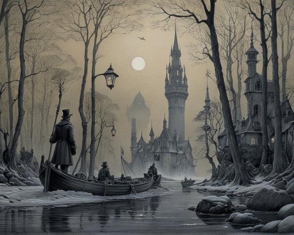 Foggy Moonlit Landscape with Castle and River Scene