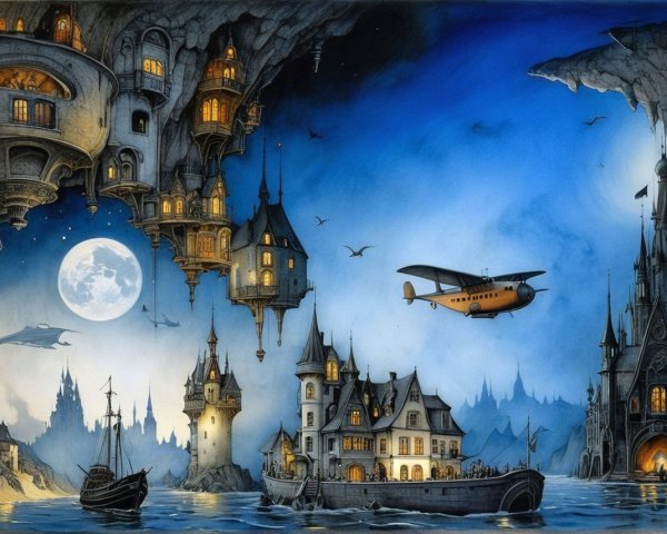 Whimsical Landscape with Castles and Floating Structures