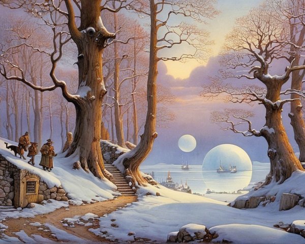 Serene Winter Landscape with Trees and Cottage Scene