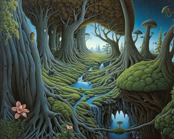 Surreal Landscape with Towering Trees and Streams