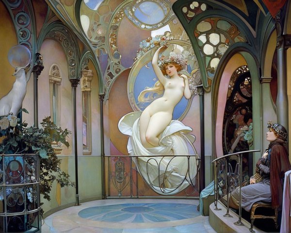 Ornate Art Nouveau Interior with Ethereal Figures