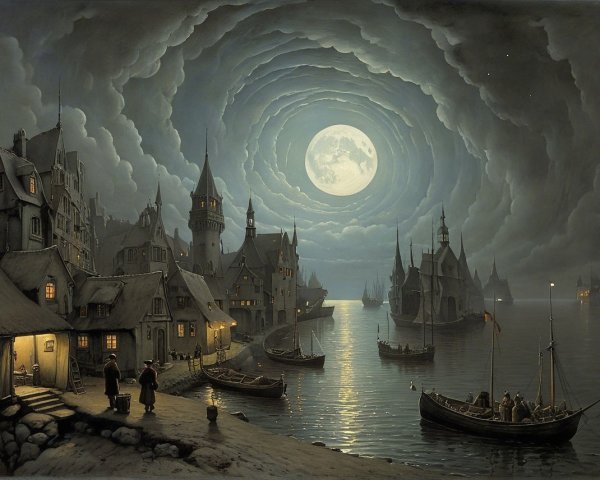 Serene Nighttime Village Scene Under Luminous Moon
