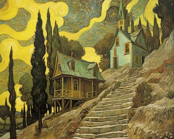 Whimsical Landscape with Unique Houses and Night Sky