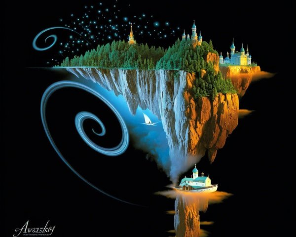Surreal Floating Landscape with Castles and Water Scene