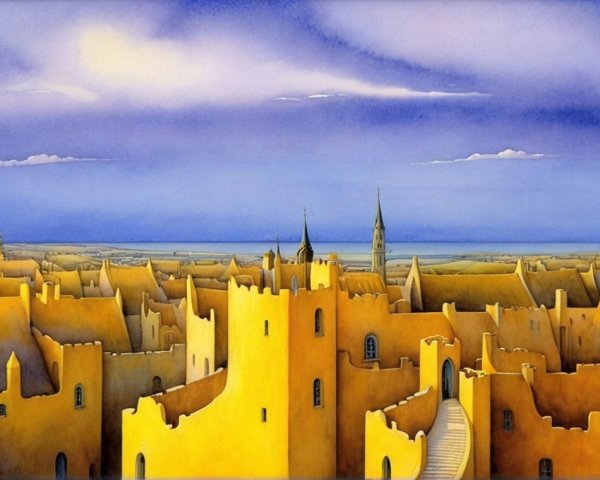 Surreal yellow-hued landscape with whimsical architecture