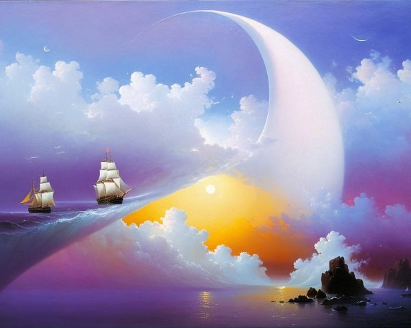 Surreal Landscape with Ships and Vibrant Sunset