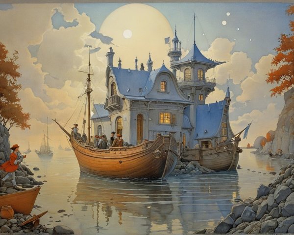 Fantastical House on Rocks by Water with Autumn Trees