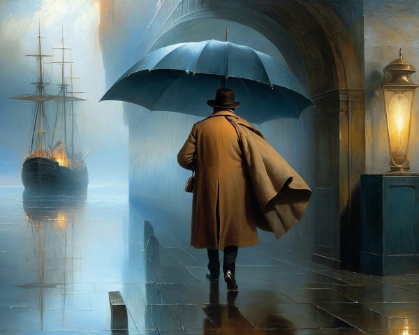 Misty Waterfront Scene with Burning Ship and Figure